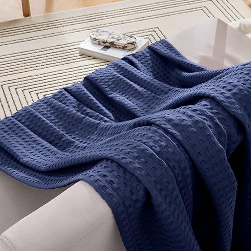 Image of Elegant Comfort Premium 100% Cotton Waffle Blanket - Lightweight Breathable Waffle Weave Bed Blanket - Soft and Warm All Season Blanket for Couch, Sofa and Bed, Twin Size 68x88 Inches, Navy Blue