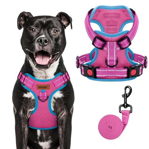 MIDOG No-Pull Dog Harness | Adjustable & Reflective Pet Harness Leash Set for Small Medium Large Dogs Walking, Training| No Choke, Front Clip, Soft Padded Vest with Easy Control Handle - Pink, L
