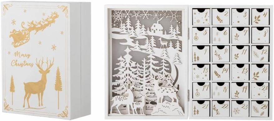 Bloomingville Elimar Advent Calendar with Light in White Plywood with Detailed Carvings, Dimensions: 20 x 29 x 10 cm (L x H x W)