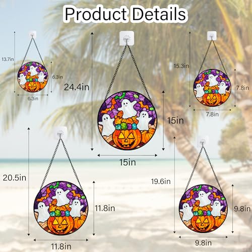 Image of Stained Glass Window Hanging Halloween Horror Pumpkin White Ghost 11.8 inch - Suncatcher Door Garden Sunroom Gothic Style Sun Catcher Birthday for Friend Mom Men Woman Nana