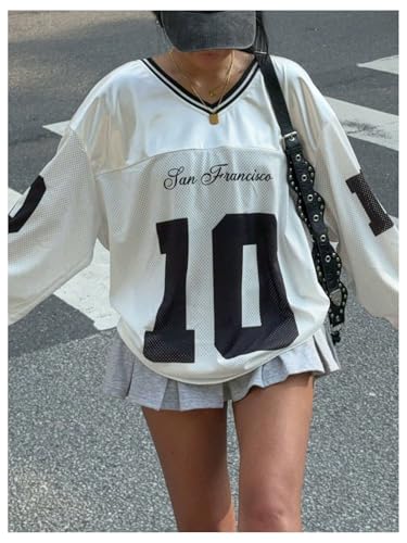 Women's Jersey Shirts Number Letter Graphic V Neck Long Sleeve Oversized Sports T Shirts Tops3