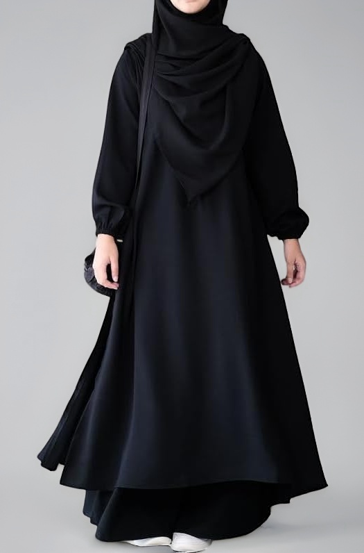 Muslim Closet Two Pieces Abaya Dress with Elasticated Sleeves made with Nida Matte Fabric - Knee length Burqa for Women and Girls