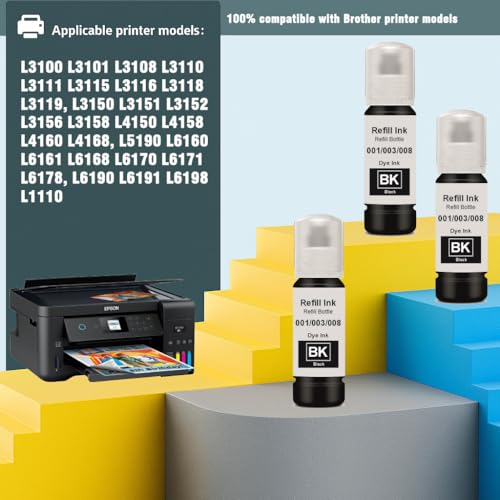 Image of KOSH 001 /003 /008 Refill Ink Compatible for Epson L3110, L3150, L3250, L3252 L3115, L3116, L3101, L3210, L3215, L3216, L3151, L3152, L3156, L5190 Printers (001 /003 /008 BK 70m x 3)