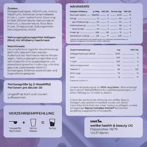 Wellbe Kollagen Pulver Wildberry - hochdosiert mit maximal bioaktivem Kollagen Hydrolysat, Biotin, Zink, Vitamin C & Hyaluron - Collagen Pulver - Kollagenpulver Peptide Made in Germany 6 x 250g 6