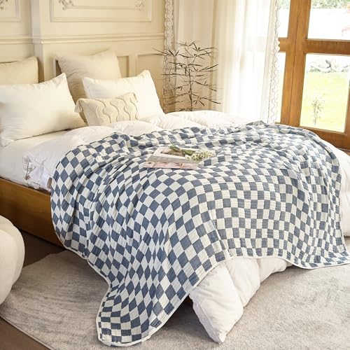 Image of 6-Layer Gauze Muslin Blanket 100% Cotton Blue Checkerboard Queen Size 90 inchx90 inch Cooling Throw Blanket Lightweight Soft and Breathable Cozy Blanket Bed Coverlet Both Sides (Blue Checkerboard, Queen)