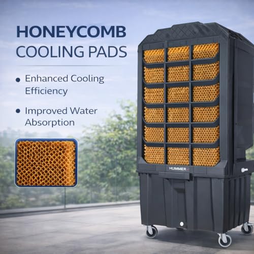 Image of ROCKSUN Hummer Desert Air Cooler | 140L Water Tank | 21+ Inch Fan | 4800 m /h Powerful Air Flow 1100ft | 2 Honeycomb Cooling Pads | Auto Swing | 350W Motor | Heavy Duty Portable Cooler (Black)