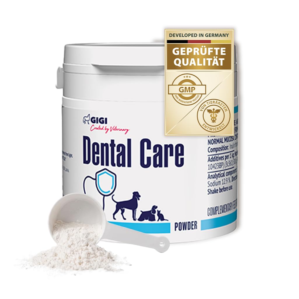 Zahnpflege Pulver für Hunde & Katzen gegen Zahnstein & Zahnbelag | Wasserzusatz für frischen Atem, Mundflora & tägliche Zahnpflege - Dental Care 105 g