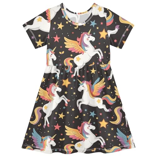 Cute Cartoon Unicorns Stars Black Girls Dress Crewneck A Line Summer Sundress Summer Clothes for Toddler Girls