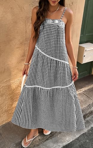 Image of ECOWISH Women Sleeveless Maxi Dress: Summer Spaghetti Strap Casual Loose Boho Beach Dress Asymmetric Tiered Flowy Long Dress 429 Black S