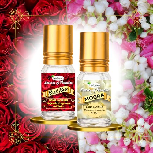 Image of Rose & Mogra Attar Combo | Long-Lasting Alcohol-Free Itra Perfume Oil | Pure Organic Natural Ittar for Men & Women | Floral Fragrance Gift Set