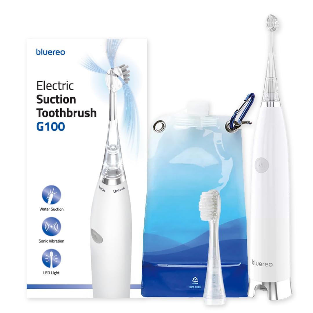 Bluereo G100 Electric Suction Toothbrush with Built-in Oral Suction, Sonic Vibration, LED Light, Portable for Dysphagia & Aspiration (White/Silver)