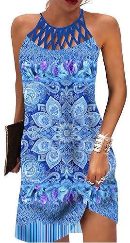 Image of LOVESHOOT Summer Dresses for Women 2026 Casual Floral Hollow Out Halter Neck A-line Sundress for Beach Vacation with Pockets