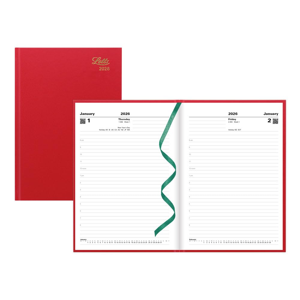 Photo 1 of Letts of London® 2026 Standard Daily Planner, 12 Months, January to December, Day-Per-Page, A5 Size, 8.25" x 5.875", Perfect Binding, Leather-Look Cover, English, Burgundy (C10XBY-26)