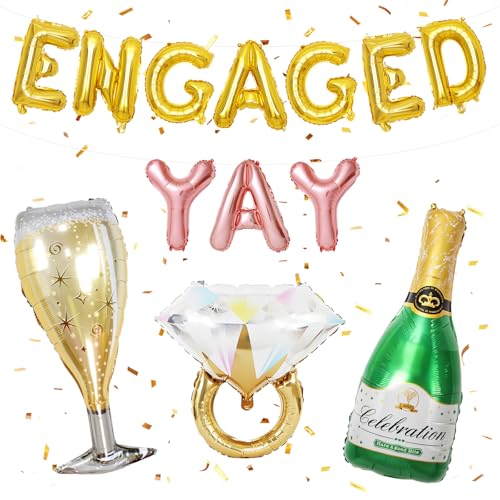 Image of Gold Engagement Party Decorations, Engaged Yay Balloons Letters Banner, Diamond Ring Green Champagne Bottle Balloon Glass Foil Balloon for Bachelorette Engagement Wedding Bridal Shower Party Supplies