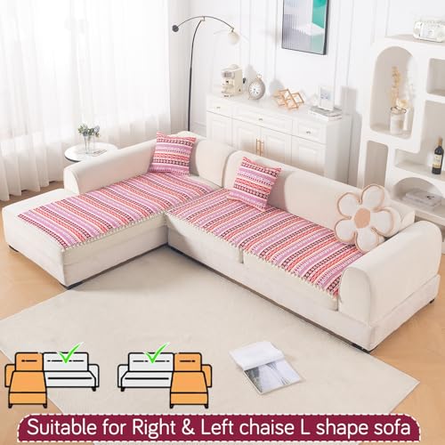 Image of HOKIPO L Shape (2+2 Seater) Sofa Cover Seat Mat | 300 GSM Cotton Acrylic Jacquard Fabric with Tassel, 'Trivana Series' Hot Pink (IN-934+935-J3)