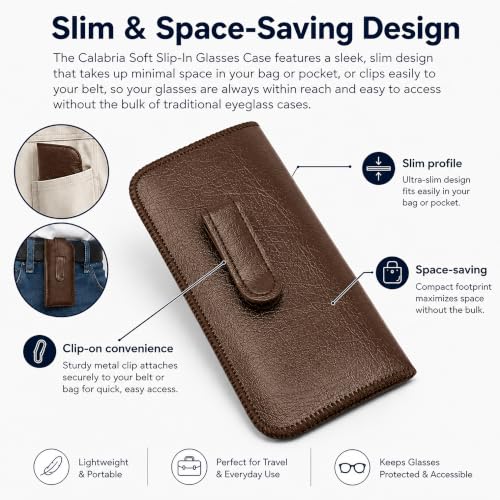 Image of Calabria Soft Slip-In Glasses Case with Pocket Belt Metal Clip Brown for Men /Women Synthetic Leather Felt Lining 6.5 inchx3 inch - 12PACK