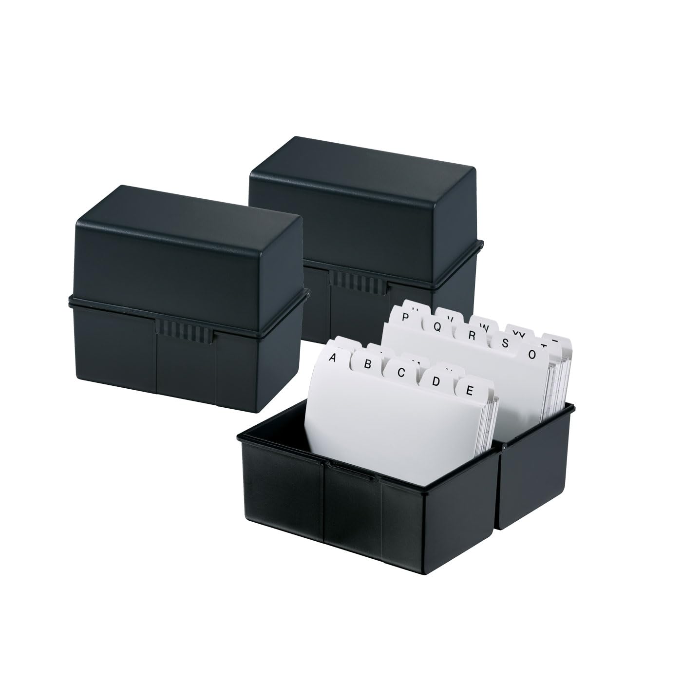 HAN Index File Box DIN A7 Landscape - Innovative, Attractive Design for 300 Index Cards with Steel Hinge and Snap Closure, Black, 977-13, Pack of 3