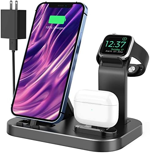 OLEBR Charging Station for Apple Multiple Devices, 3 in 1 Fast Charger Station Dock for iPhone Series 14/13/12/11/X/8 Plus, Charger Stand for iWatch Ultra 8 7 6 SE 5 4 3 2 1 with Adapter(Black)