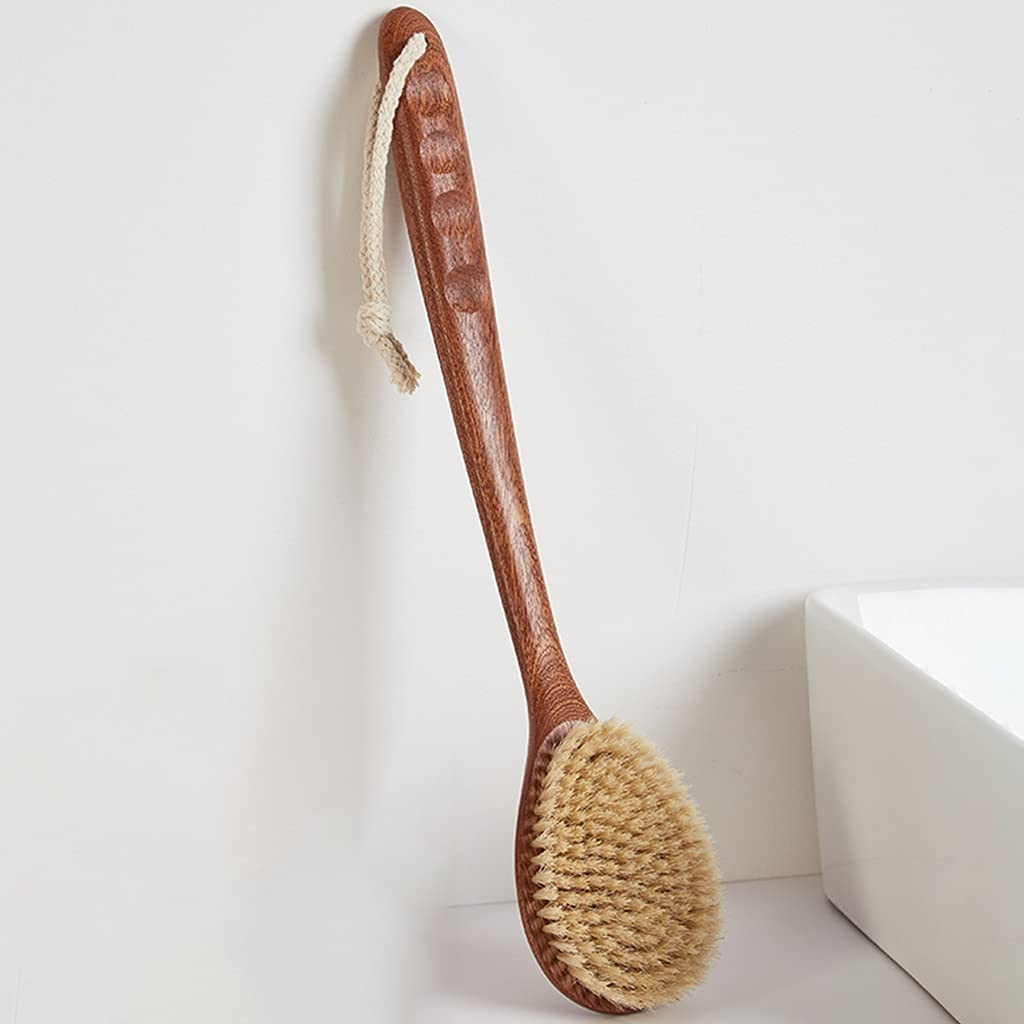 Cepillo para Frotar el Cuerpo Cepillo para Frotar la Parte Posterior Tanto para seco como para húmedo, Cepillo para la Piel con cerdas Naturales, Mango Antideslizante para Ranura para tarje