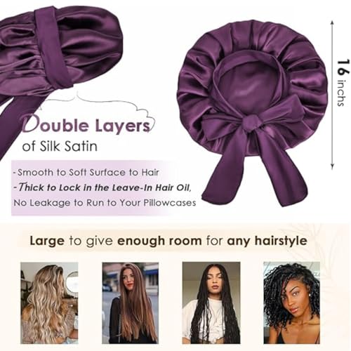 Image of Silk Bonnet for Hair with 3 Scrunchies, Adjustable Hair Cap for Sleeping, Bonnet for Curly Hair with Wide Elastic Tie Band