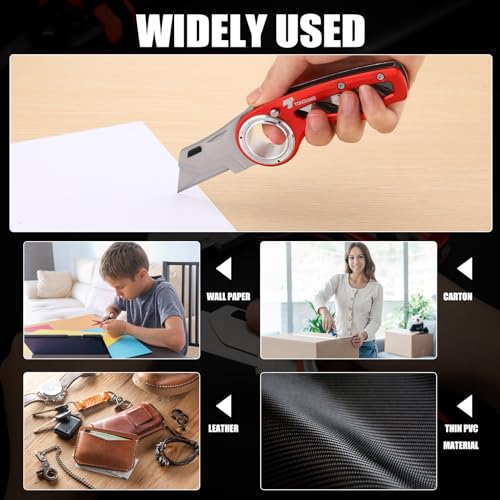 Image of Tondiamo 2 Pcs Folding Pocket Utility Knife Heavy Duty Box Cutter Folding Razor Knife with Anti Slip Finger Loop Easy Change Blades 3 Lock Positions Design (Red)