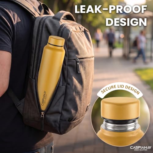 Image of CASPIAN / / / Astra Stainless Steel Water Bottle 1 litre (1000 ml) | Single Wall, Leakproof & BPA-Free | Reusable Metal Bottle for Fridge, Home, Office, Gym, School & Travel, Saffron, Pack of 1