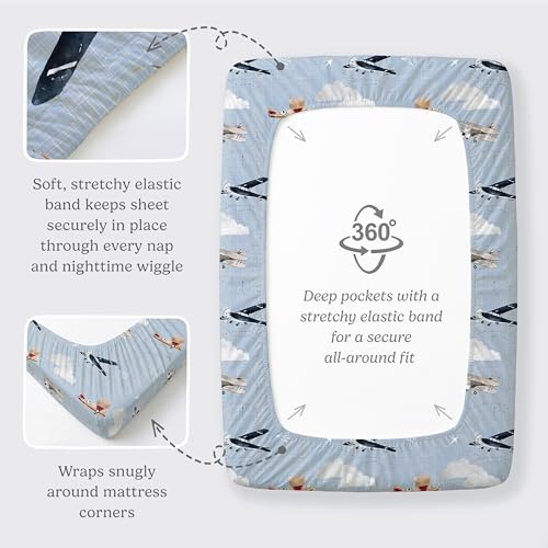 Image of Pack and Play Sheets Fitted, Mini Crib Sheets for Graco Pack N Play Playard (38x26), Ultra Soft Cotton Blend, Safe & Snug Playpen Mattress Sheet for Baby Boys Girls, Airplane in The Clouds, 2-Pack