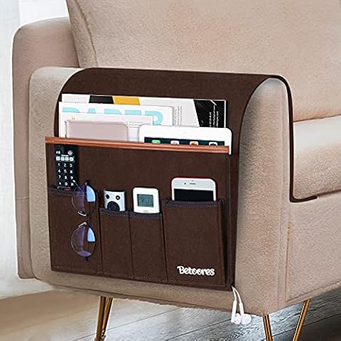 Sofa Armrest Organiser, Sofa Organiser, Bed Bag for Hanging, Felt Hanging Organiser Bag with 5 Pockets for Couch, Chair, Bed, Bed Rails, Desks, Counters, Cabinet TV Coffee Brown Cover
