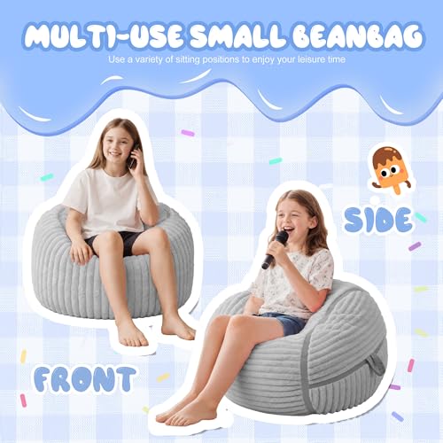 Image of 2FT Bean Bag Chair 2'Bean Bag Chairs with Memory Foam Filled Small Bean Bag | Bean bags with Machine Washable Cover Corded Plush Fabric, Comfy Chairs for Living Room, Bedroom, Dorm, Lightgrey