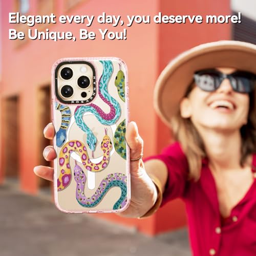Coque iPhone 16 Pro compatible Magsafe rose motif serpent paillettes 6,3"