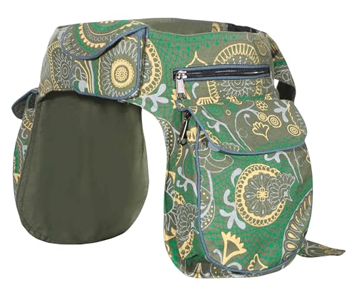 Kunst und Magie Doppelte Bauchtasche, Mandala-Muster, Festival-Gürteltasche aus Baumwolle, Verstellbarer Gurt Hippie Goa (Gruen)
