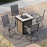 Grand patio 5-Piece Patio Swivel Bar Set with Fire Pit Table 60,000 BTU Heat Output, Outdoor Counter Height Patio Bar Stools Set of 5, High Bar Chairs with High Back, Black&Grey Plaid