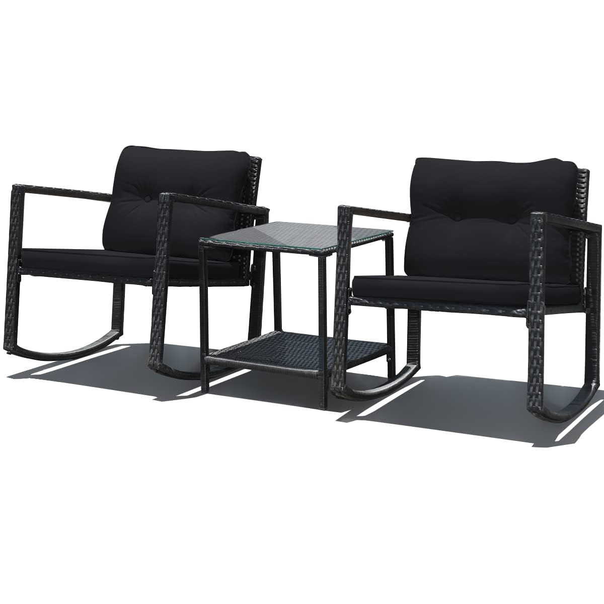 DORTALA Ensemble De Meubles De Terrasse 3 Pièces En Rotin Avec Chaises à Bascule Et Table Basse En Verre Avec Coussins, Table Basse En Osier Pour Jardin, Piscine, Rouge