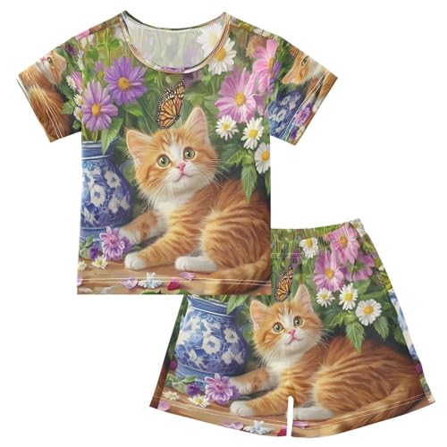 ALAZA Cute Orange Cat Flower Kitten Pajamas Set Short Sleeve Cotton Sleepwear Summer Pjs 2 Piece 5-14Y