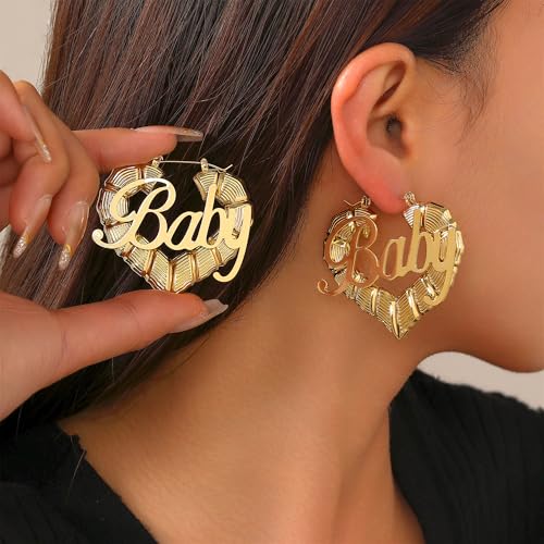 18K Gold Plated Bamboo Hoop Earrings for Women – Large Round Heart Design, 80/90s Ghetto Door Knocker Style, Trendy Hip Hop Jewelry Accessories3