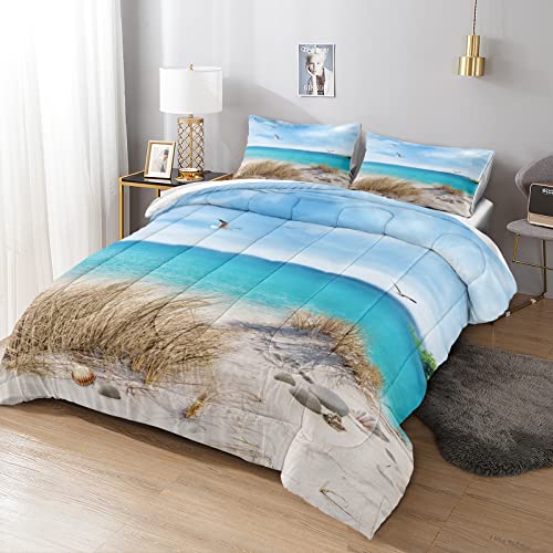 MOVE OVER Blue Ocean Bedding Set Beach Themed Comforter Set Queen Size 4 Pcs White Seagull and Seaside Rocks Seascape Pattern Blue Island Scenery Coastal Bedding Sets Ocean Beach Bedding Sets - Image 2