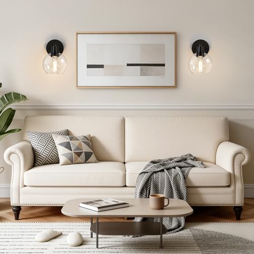 Image of Indoi Matte Black Wall Sconces Set of 2, Clear Glass Vanity Light Fixtures with E26 Base, Reversible Up or Down Wall Lights for Living Room, Bathroom, Bedroom, Hallway, Kitchen