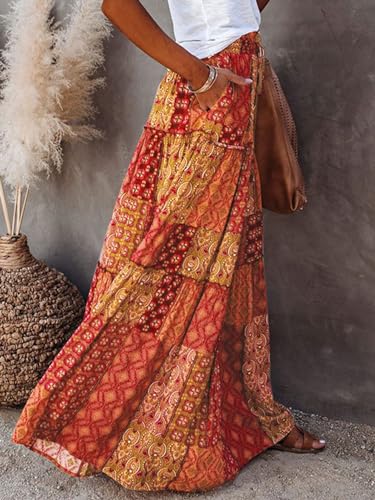 Women's Bohemian Skirts Vintage Elastic High Waist A-Line Skirts Tiered Long Skirts with Pockets Beachwear Skirt4