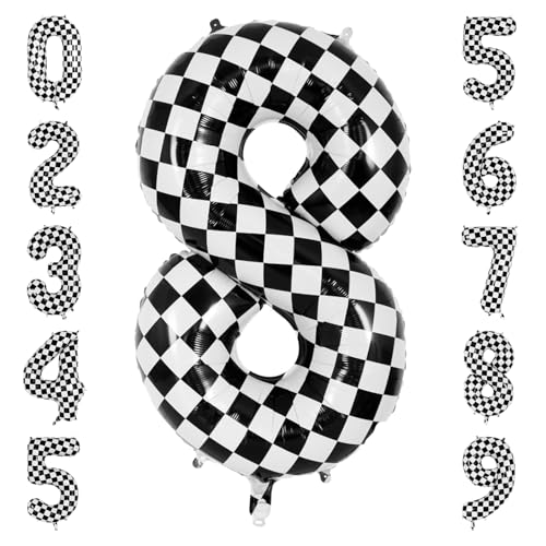 Checkered Number 8 Balloon 40 Inch, Retro Race Foil for 8th Birthday Bash