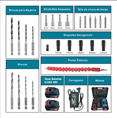 Kit Completo de Parafusadeira, Furadeira e Chave de Impacto Sem Fio 48V com 2 Baterias, Brushless, A