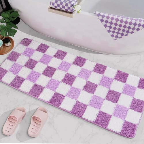Image of Softania Purple Checkered Bath Mat Cute Bath Runner Rug Super Absorbent Lavender Bathroom Rugs Non Slip Machine Washable - Decorative Long Bath Mat for Bathroom Floor, Kitchen, Laundry