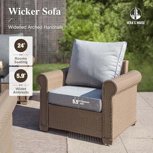 Image of HERA'S HOUSE Patio Furniture Set, 4 x Cushioned Chairs, 3-Seat Sofa with Wood Grain Coffee Table, 5 Seats Luxury Windsor Style All Weahter Outdoor Sofa Conversation Set for Deck Lawn Backyard