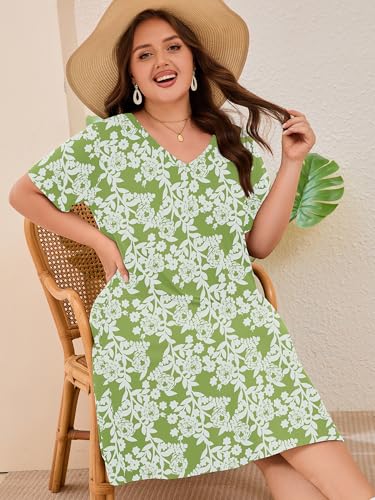 Image of AusLook Plus Size Midi Dress for Women Loose V Neck Short Sleeve Summer Casual A Line T Shirt Sundresses with Pockets 1X-5X