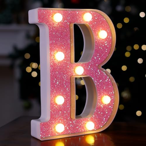 Image of LED Letter Lights Pink Glitter Marquee Letters Light Up Alphabet Letters Sign Battery Powered for Home Party Decoration Night Bar Wedding Birthday Christmas Lamp Girls Gift - Letter B