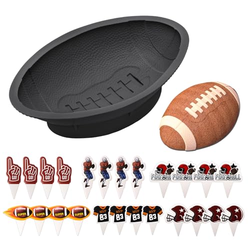 Anglecai Black Football Cake Pan 12 In Nonstick Football Baking Pan Mold with 24 PCS Soccer Cupcake Topper 3D Soccer Shaped Silicone Cake Mold for Baking Chocolate Sport Themed Party