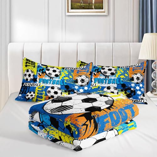 Image of American Soccer Comforter Set Sport Themed Graffiti Printed Bedding Set with 1 Comforter and 2 Pillowcases for Boys and Girls Bedroom All Season(Soccer-2 Full)
