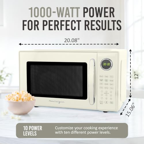 Image of Nostalgia Retro Microwave Oven - 1.1 Cu Ft, 1000-Watt Countertop Size with Glass Turntable, Child Safety Lock, 8 Auto-Cook Programs, Digital Clock - Ivory