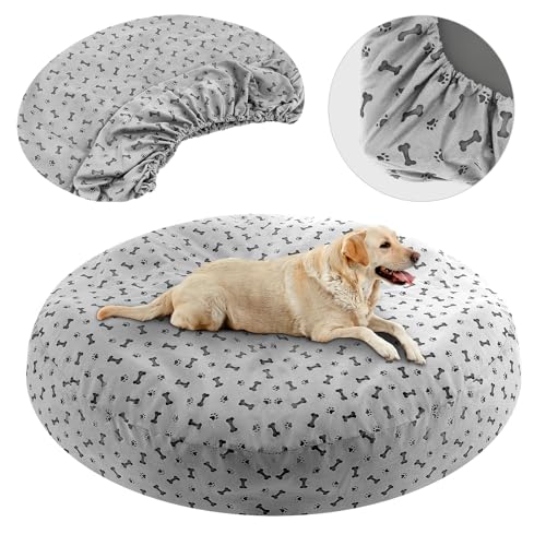 Yalikop Waschbare runde Hundebettbezüge, Ersatz, 114,4 x 114,7 x 27,9 cm, weich, grau, Haustierbettbezug mit schönem Hundepfotenknochen-Druck, nur Bezug