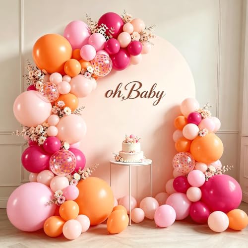 Image of Hot Pink Orange Balloons Arch Kit, Latex, Confetti, Party Decor | Pastel /Light Orange Pink and Hot Pink Balloon Garland, for Birthday Wedding Hawaiian Beach Party Decorations