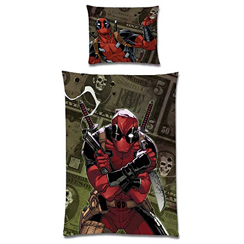 BERONAGE Deadpool Wende-Bettwäsche Weiß Grün 135 x 200cm + 80 x 80cm 100% Baumwolle Renforcé-Linon-Qualität mit YKK-Reißverschluss Anti-Held Maske Marvel Comic Kinderbettwäsche Deutsche Größe - Image 3